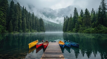 Misty Mountain Morning: Crystal-Clear Lake with Canoes on Dock Amidst Pine Trees