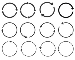 Set of circle arrows rotating on white background. Refresh, reload, recycle, loop rotation sign collection. Black circle arrows for infographics web design. Vector illustration flat style clip art 4 4