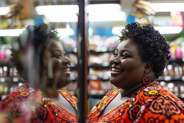 Happy full-figured black woman shopping in a store near a mirror.