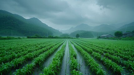 Rice fields, seedlings, rain in China  - obrazy, fototapety, plakaty
