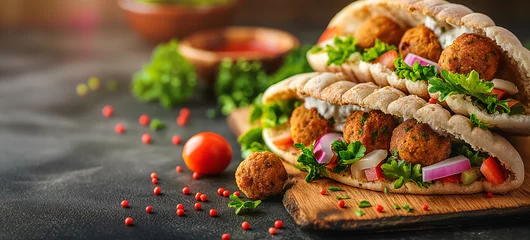 Tuinposter Fresh falafel in pita with veggies and herbs on a wooden board. Delicious homemade falafel pita sandwiches © losmostachos