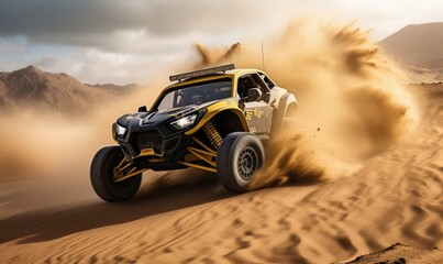 Fototapeta na wymiar A Yellow and Black Buggy Racing Across the Sandy Desert
