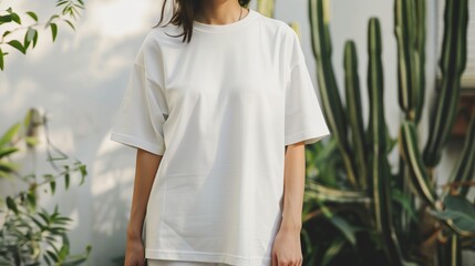 woman wearing white oversized t-shirt in botanical garden greenery urban fashion - obrazy, fototapety, plakaty