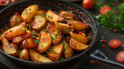Golden roasted potatoes seasoned with herbs and spices in a cast iron pan