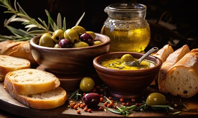 A Feast of Olives: Table Spread with Bread and a Bowl of Briny Goodness - obrazy, fototapety, plakaty