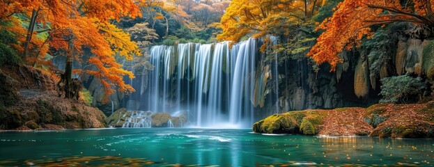 The Mist of Waterfalls Creating Rainbows Over an Emerald Pool Amidst Autumn Foliage