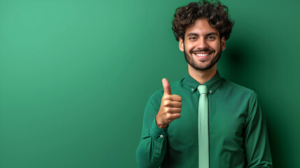Young handsome italian business man with thumbs up finger on green isolated studio background. Business concept, happy top manager evaluates work his team - obrazy, fototapety, plakaty
