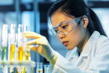 asian female scientist examining test tubes in a lab