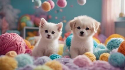 An adorable assembly of a puppy and kitten, playing amidst a pile of soft toys and colorful yarn balls  - obrazy, fototapety, plakaty