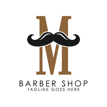 Initial Letter M Mustache Logo Design. Alphabet M Barber Shop Icon