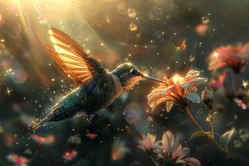 Vibrant Painting of a Hummingbird Hovering Over a Flower - obrazy, fototapety, plakaty