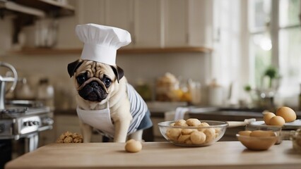 chef preparing food A pug puppy wearing a tiny chefs hat and apron, standing on a stool in a kitchen, hilariously   - obrazy, fototapety, plakaty