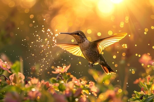 Hummingbird in Flight at Sunset