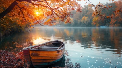 Serene Riverside in Fall with Lone Boat Under Autumn-Hued Trees - obrazy, fototapety, plakaty