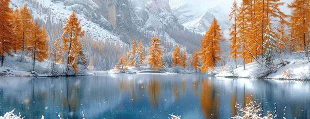 Pristine Blue Pond Amidst Snow-Dusted Larch Forest with Golden Needles, White-Capped Mountain Reflections, and Shoreline Snowfall