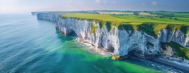 Coastal Erosion Beauty: Chalk Cliffs with Arches and Green Fields Aerial View