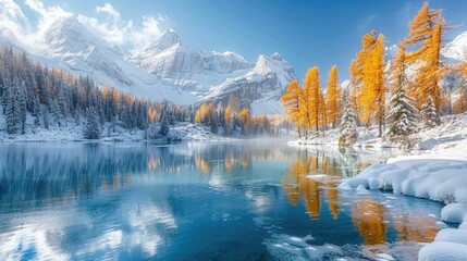 A High-Altitude Blue Pond Surrounded by Golden-Needled Larch Trees, Snow-Dusted Branches Reflecting Snow-Capped Mountains