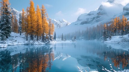 Fototapeta na wymiar Pristine Blue Pond Amidst Snow-Dusted Larch Forest with Golden Needles, White-Capped Mountain Reflections, and Shoreline Snowfall