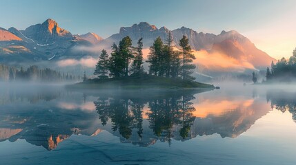 Fototapeta na wymiar Alpine Serenity at Sunrise: Mist-Enshrouded Lake with Coniferous Islet, Warm-Hued Mountain Reflections in Calm Waters