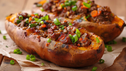Baked sweet potatoes topped with savory meat and freshly chopped green onions - obrazy, fototapety, plakaty