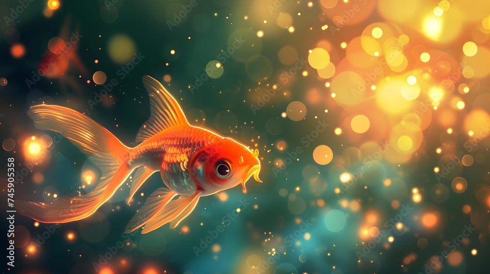 Wall mural Close-up of a beautiful glowing goldfish, bokeh background. digital art