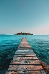 Secluded Islet Escape: Wooden Jetty Stretching into Tranquil Turquoise Sea, Under Gradient Sky from Blue to Soft Horizon Light