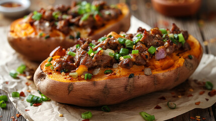 Baked sweet potatoes topped with savory meat and freshly chopped green onions