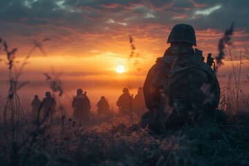 Soldiers Walking Through a Field at Sunset - obrazy, fototapety, plakaty