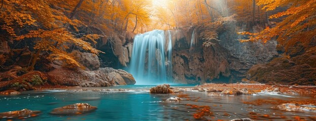Autumn's Hidden Gem: A Lush Forest Waterfall with Turquoise Pool, Encircled by Rocks and Colorful Leaves, Sunlight Dancing on Water