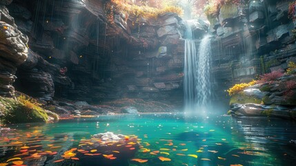 Secluded Waterfall Oasis in Autumn: Turquoise Waters Amidst a Forest of Fiery Leaves, Sunbeams Filtering Through Canopy