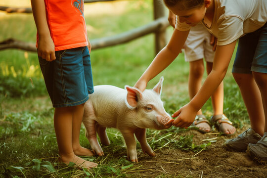person showing children how to pet a piglet safely
