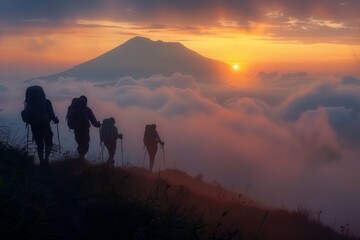 Group of People Hiking Up a Hill at Sunset - obrazy, fototapety, plakaty