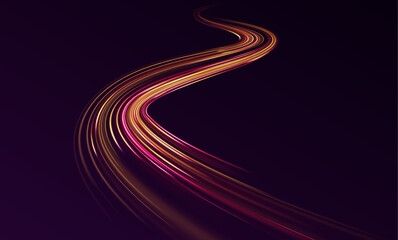 Long exposure of motorways as speed. Speed connection vector background. Light and stripes moving fast over dark background.  Purple glowing wave swirl, impulse cable lines. Long time exposure. Vector