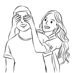 Happy couple gesture girl give surprise cartoon illustration