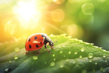 Ladybug Perched on Green Leaf