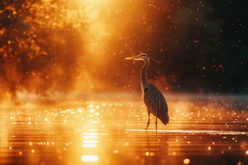 Heron Standing in Water at Sunset - obrazy, fototapety, plakaty