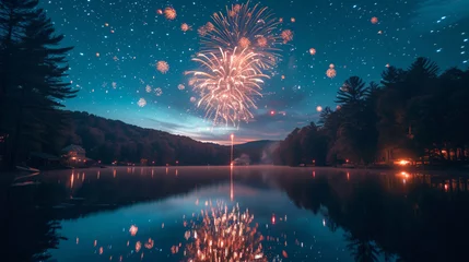 Fotobehang A burst of fireworks above a calm lake. © Anthony