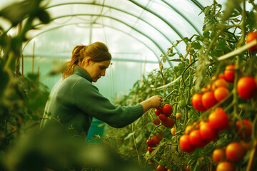 woman harvesting tomatoes inside a greenhouse - obrazy, fototapety, plakaty
