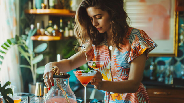 A stylish woman of the 60s preparing cocktails for a soirée, effortlessly mixing drinks in her retro bar cart while wearing a mod-inspired outfit