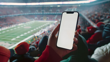 Man fan hands holding isolated smartphone device at American football stadium game with blank empty white screen, sports betting concept