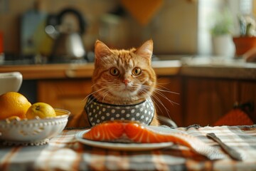 Cat Sitting at Table With Bowl of Fish