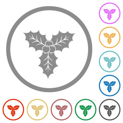 Fototapeta premium Christmas holly with berries flat icons with outlines