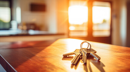 photo of keys laying on the counter of a bright sunlit kitchen counter, depth of field - obrazy, fototapety, plakaty