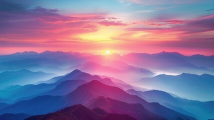 Dramatic Peaks at Sunset: Vibrant Skies and Cloud-Layered Mountain Range, Misty Valleys Adding Mystique