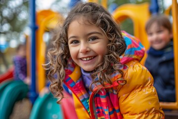 Little Girl Sitting on Slide at Playground