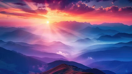 Zelfklevend Fotobehang Wild Tranquility: Dramatic Mountain Range Under a Vibrant Sunset Sky, Misty Valleys Among Rugged Peaks © Landscape Planet