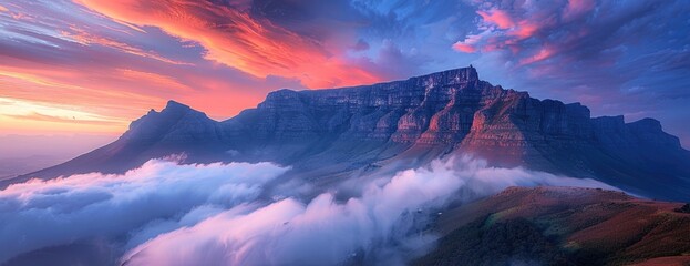 Wild Tranquility: Dramatic Mountain Range Under a Vibrant Sunset Sky, Misty Valleys Among Rugged Peaks - obrazy, fototapety, plakaty
