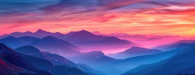 Dramatic Peaks at Sunset: Vibrant Skies and Cloud-Layered Mountain Range, Misty Valleys Adding Mystique