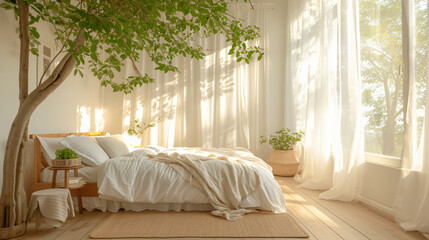 A bright and airy bedroom with clean white sheets.