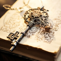White bound book with antique vintage key